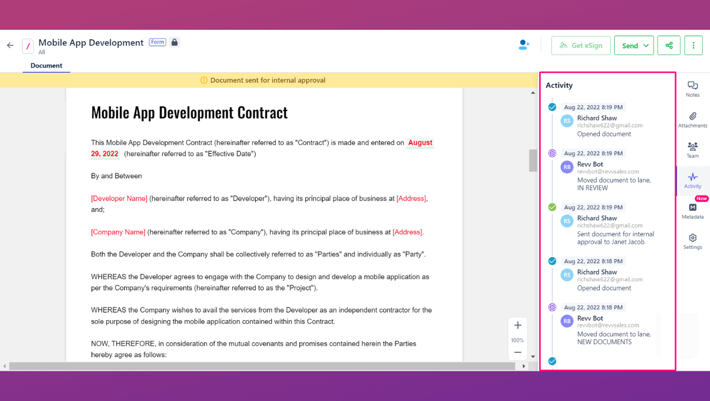 The contract manager can track activities of all resources and teams to manage sales & other related processes