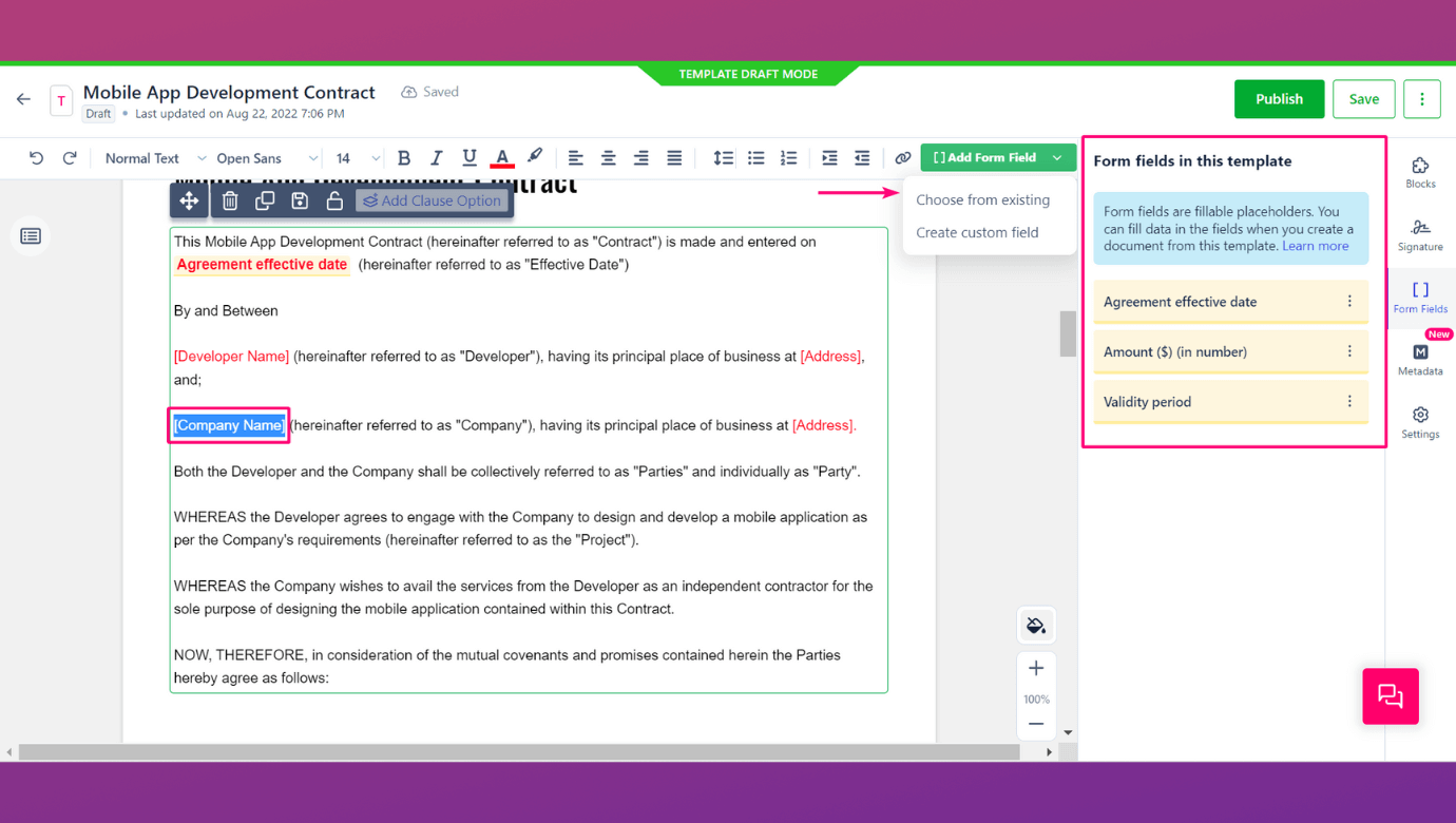 A responsible contract manager can use Revv's form fields to manage agreements & other related services in a project