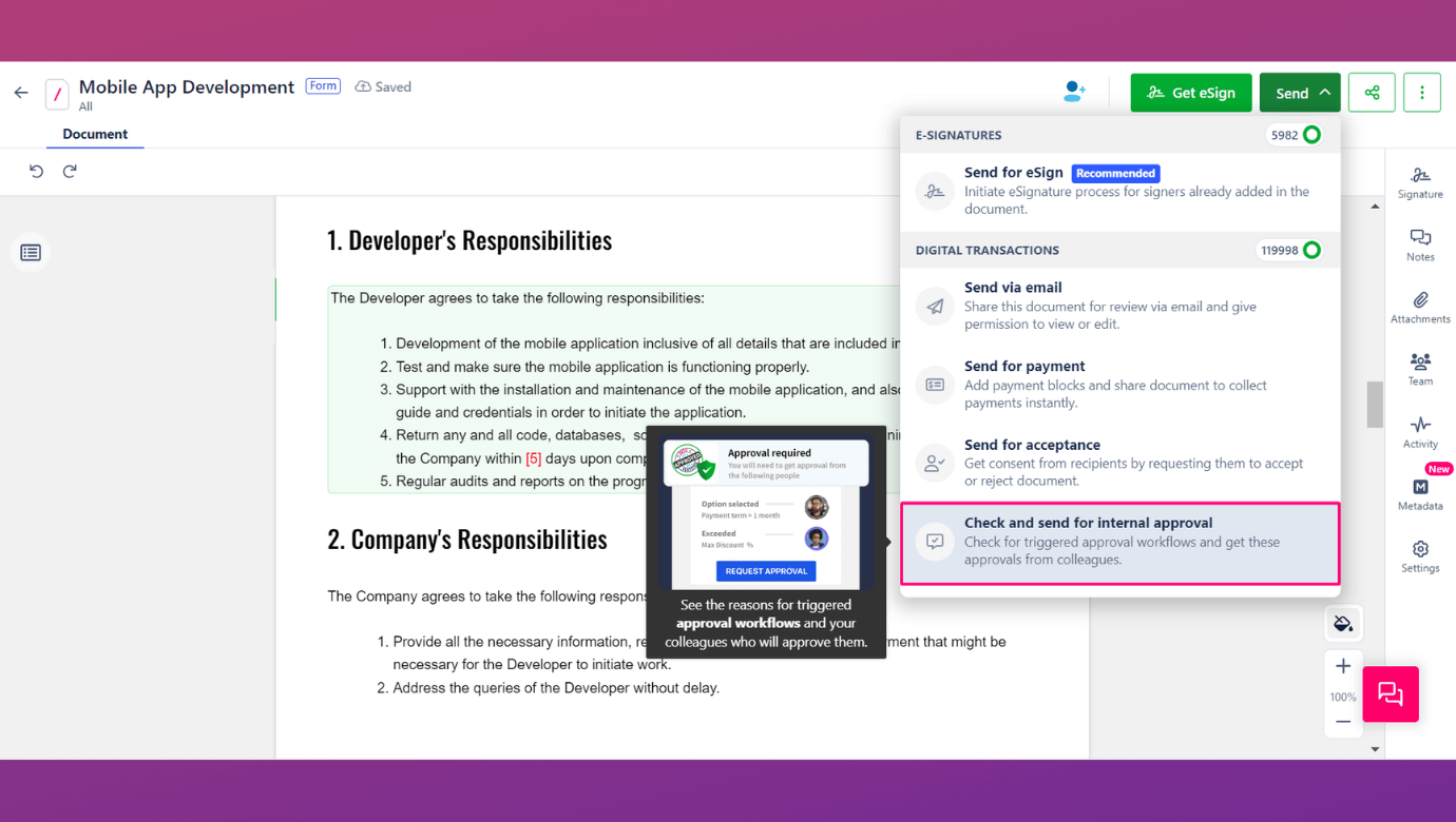 The contract manager can use approvals in Revv to send a commercial contract to employers & check for any law-related risk