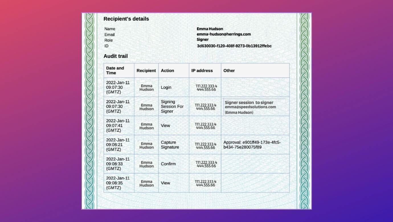 Revv automatically records audit trail for all eSigned documents. Both sender and signer can access the Evidence Summary report