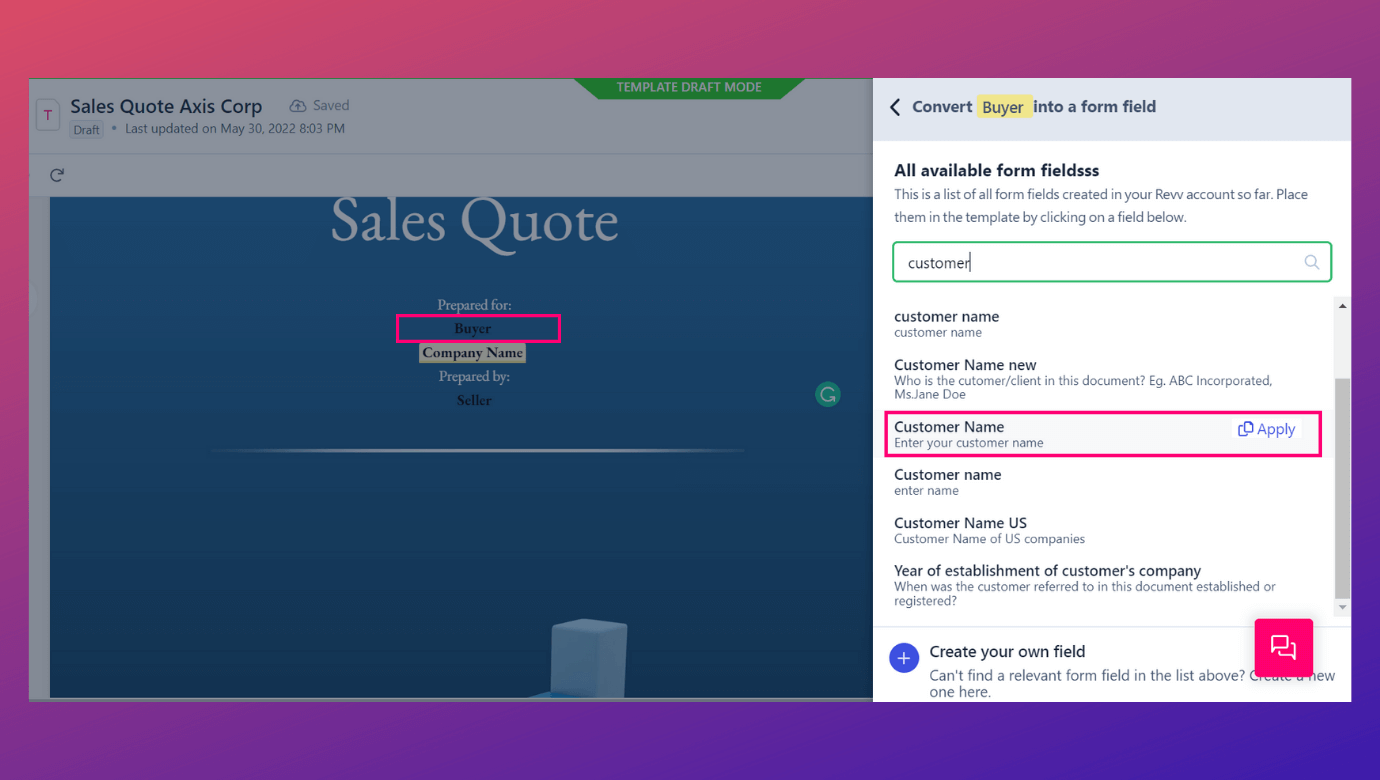 You can convert information that you need on documents via Revv's form fields. Data can be inserted in the form fields using google sheets integration