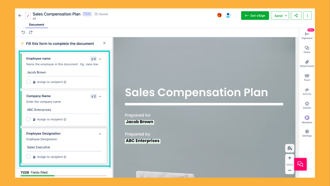 Revv's sales compensation plan template comes with form fields to accelerate the document creation process.