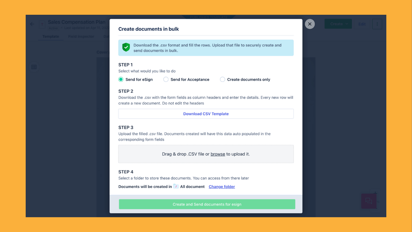 You can send the sales compensation plan agreements in bulk for eSigning using the 'Bulk Send' feature in Revv.