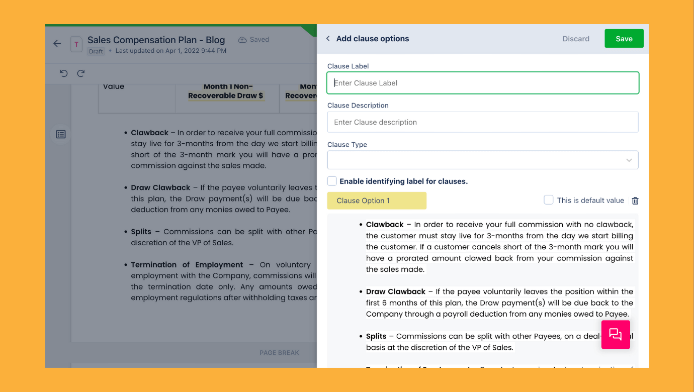 Revv provides you create clause options in a document