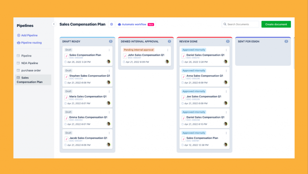 Revv pipeline feature shows documents' progress in a Kanban dashboard