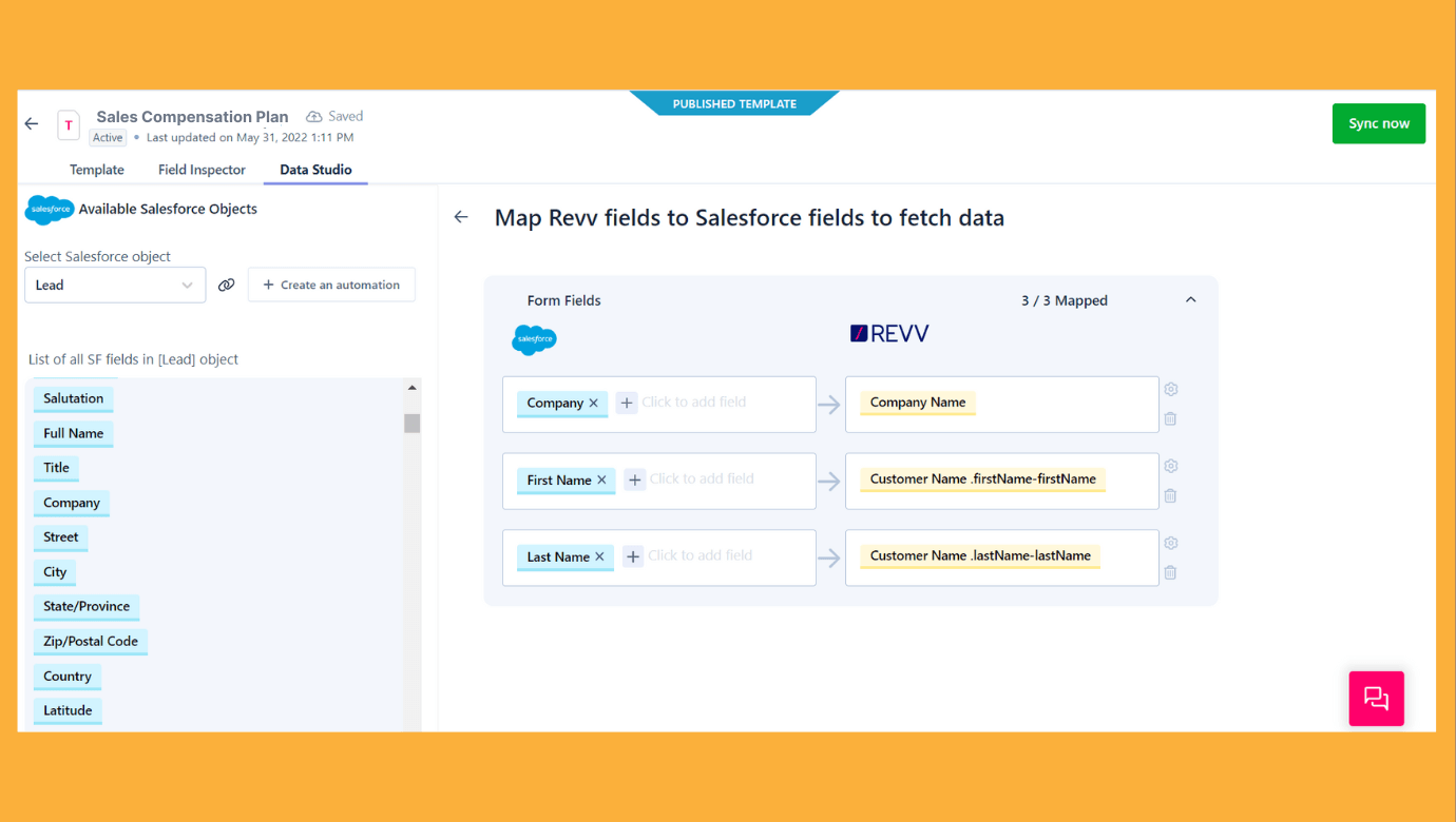 Revv's Data Studio feature enables users to map the data fields between their business app and Revv, without writing any code.