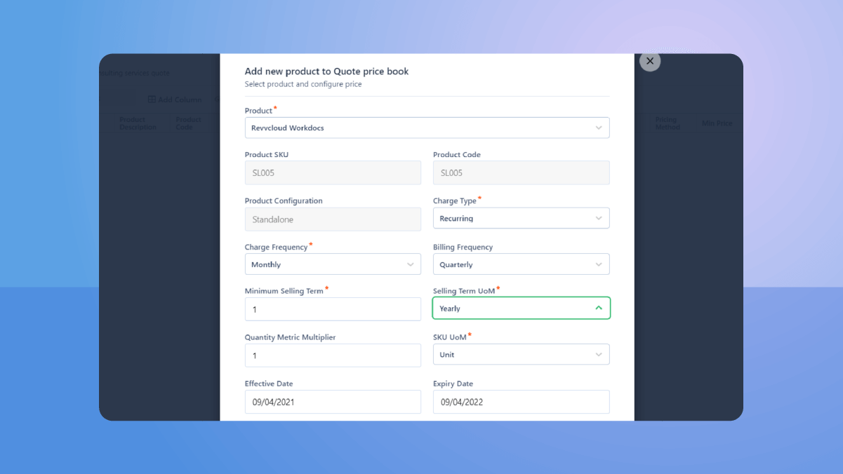 Revv's Price Book enables you to create fields & their validation rule & add values customized to client's needs.