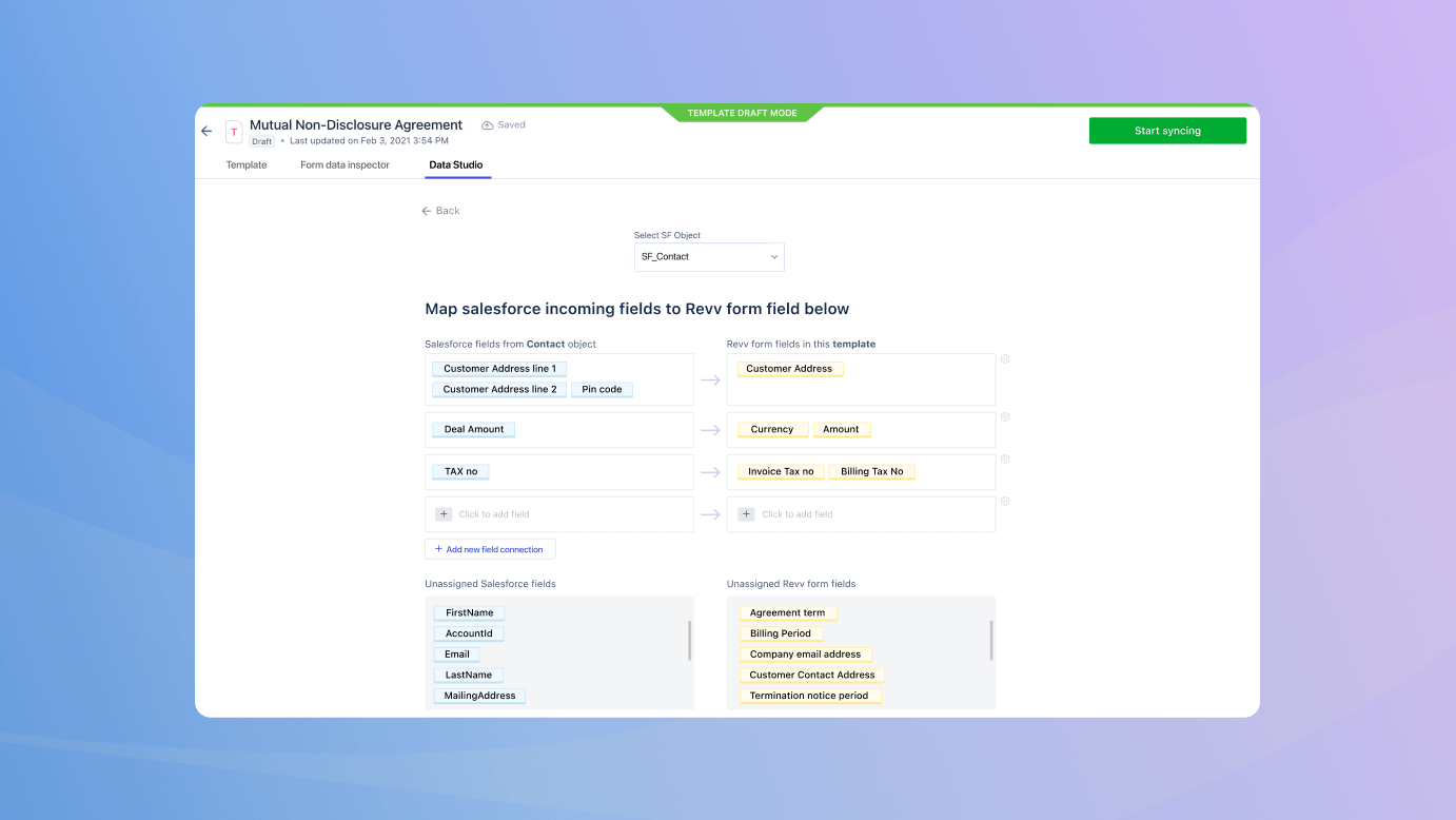 Revv's 'Data studio' allows to match each field's record type to speed up the data mapping between Revv and Salesforce