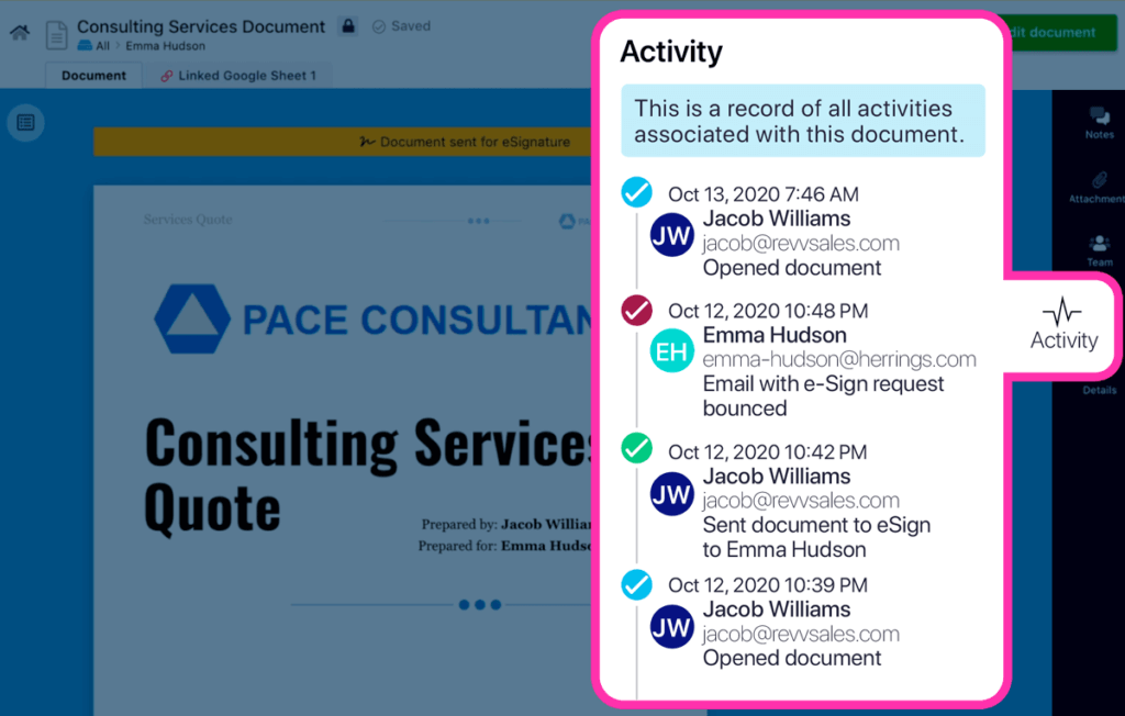 Without any follow-up, track actions of the customer or prospective buyer on quotation with Revv's 'Activity' tracker.